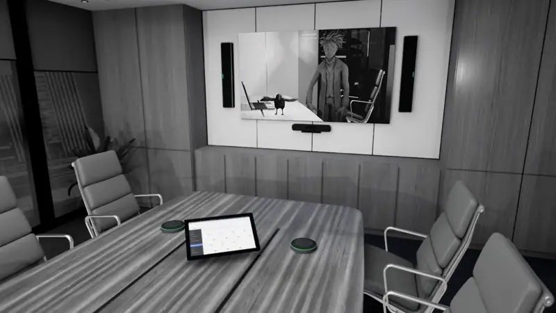 Q-SYS modular system components configured in a large meeting room